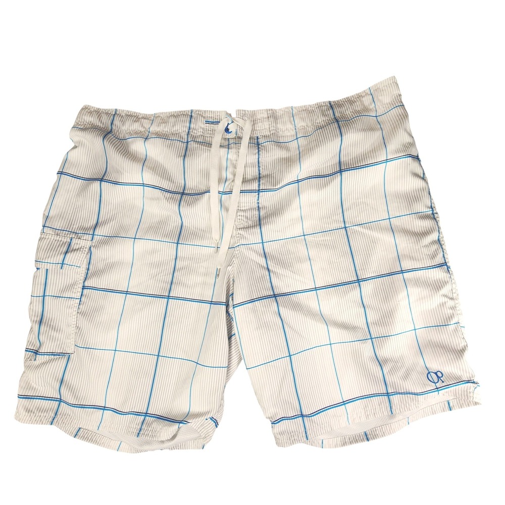 OP Ocean Pacific Board Shorts 3XL 48-50 Men Plaid Swim Trunks White‎ Blue Mesh